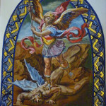 Création de Saint Michel. Enluminure sur peau de mouton or à la feuille Saint Michel