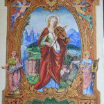 Création de Sainte Cécile enluminure sur peau de mouton, poudre d'or Sainte Cécile