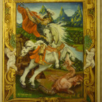 Création Saint Georges enluminure sur peau de mouton, poudre d'or Saint Georges