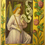 Interprétation de l'Ange Gabriel d'après Bourdichon enluminure, poudre d'or sur peau de mouton 16ème Siècle BNF Interprétation de l'Ange Gabriel