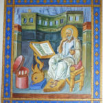St Jean d'après les évangiles du Mont Athos. Enluminure sur peau de mouton, poudre d'or 10 ème siècle St Jean