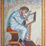 St Mathieu d'après l'Evangile d'Ebbon, enluminure sur peau de mouton, poudre d'or. 9 ème Siècle. Bibliothèque Municipale d'Epernay St Mathieu
